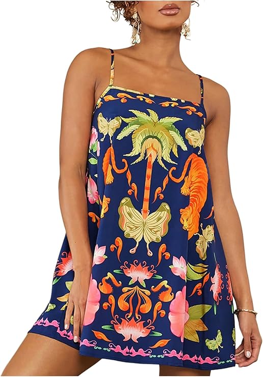 Floerns Women's Tropical Sleeveless Cami Dress Loose Holiday A Line Mini Dresses